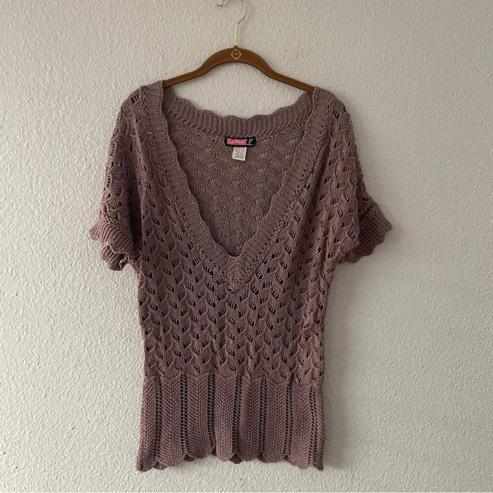 Y2K Lavender Open Knit Sweater Sheer Mesh V Neck Lightweight Summer Layering Top